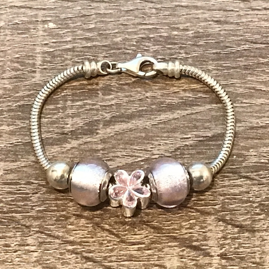 Sterling Silver Charm Bracelet 2 Murano Foil Glass 1 Crystal Flower Small Wrist